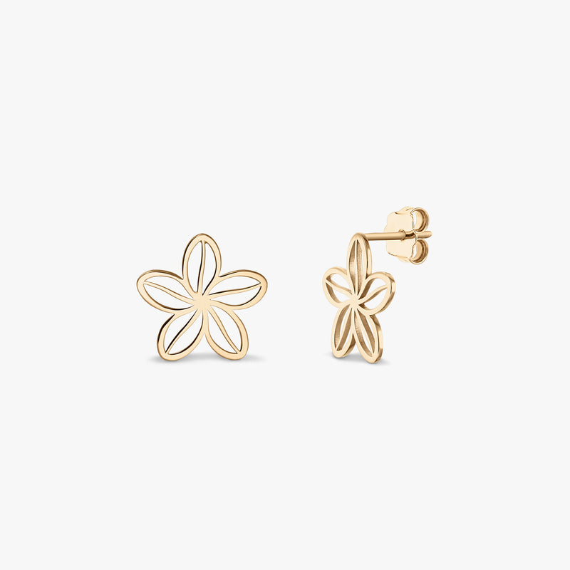 Egy pár Wildflower Gold Earrings — 14K sárga arany, áttört, ötszirmú virág formájú bedugós fülbevalók, elölről és oldalról láthatók fehér háttéren.
