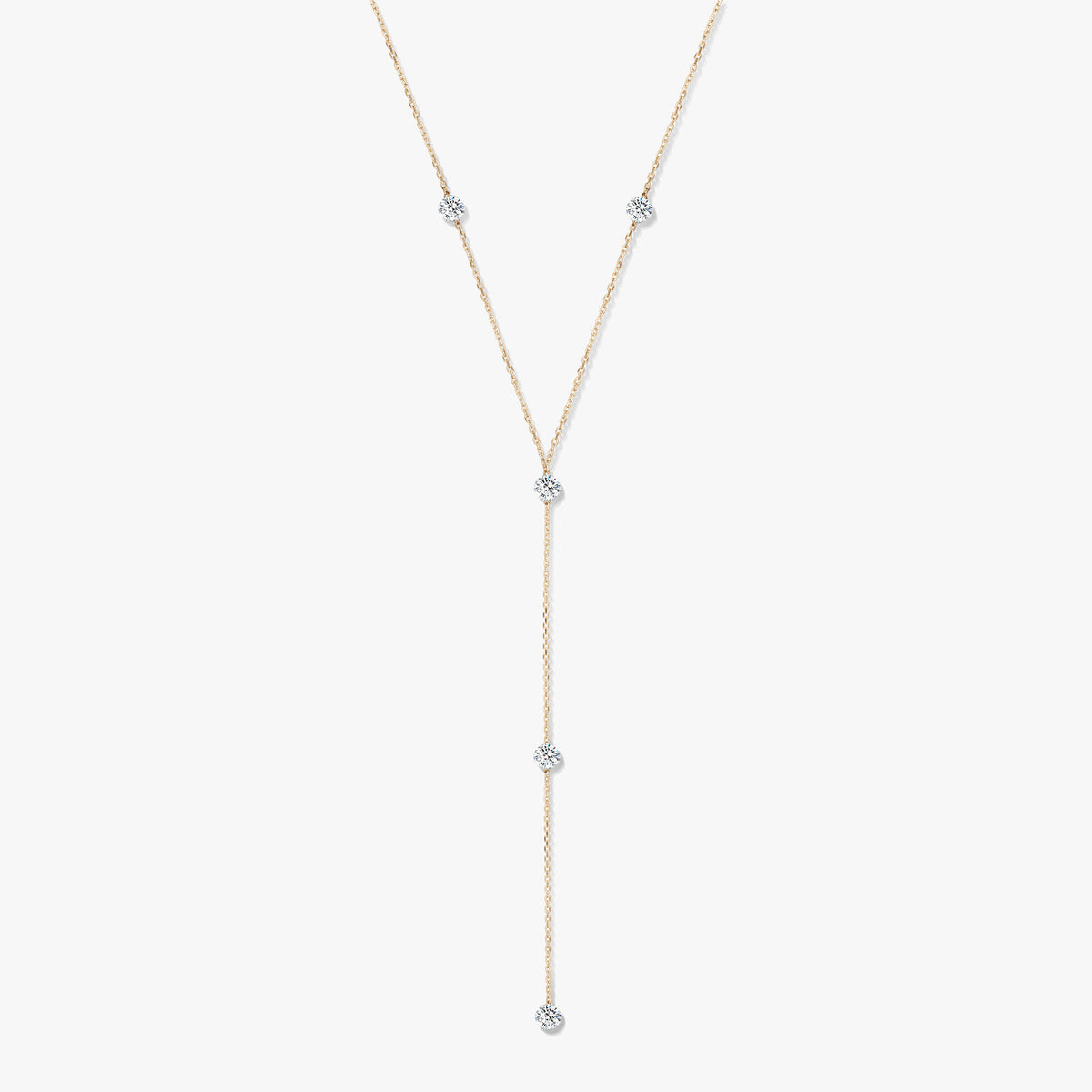 14K sárga arany lariat nyaklánc, öt körben foglalt kerek gyémánttal, fehér háttéren.