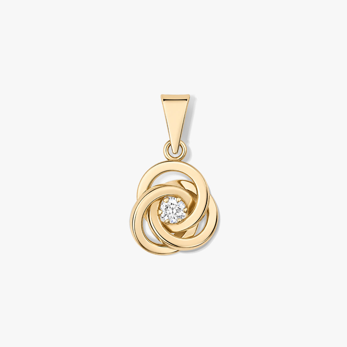 Eternal Knot arany medál összekapcsolódó sárga arany hurkokkal és középen kerek, áttetsző kővel, fehér háttéren.