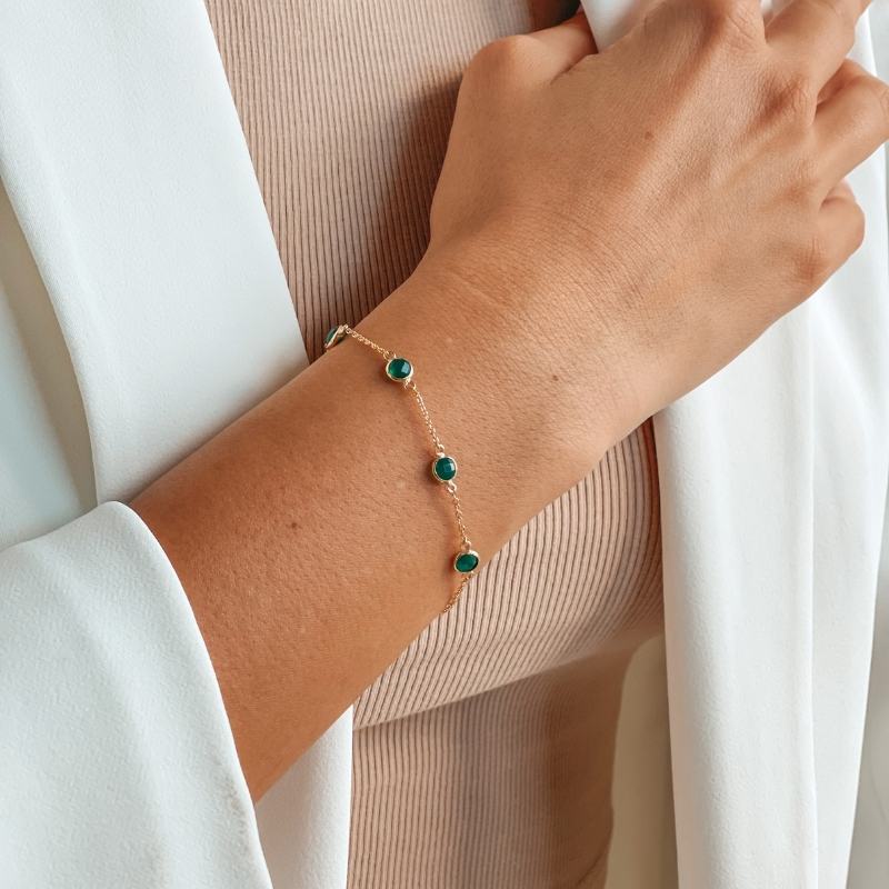 Birthstone Golden May Ezüst Karkötő - Zöld Onix - Indira