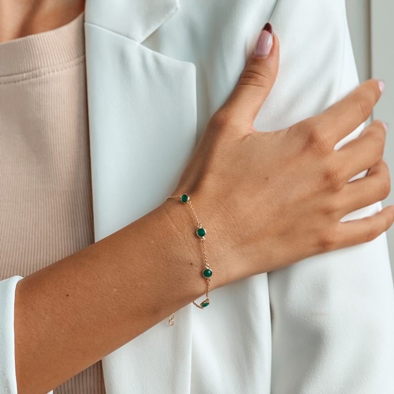 Birthstone Golden May ezüst karkötő - Zöld Onix - Indira